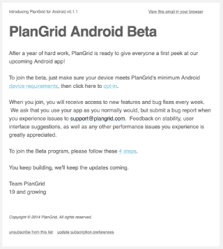 PlanGrid for Android Release Email